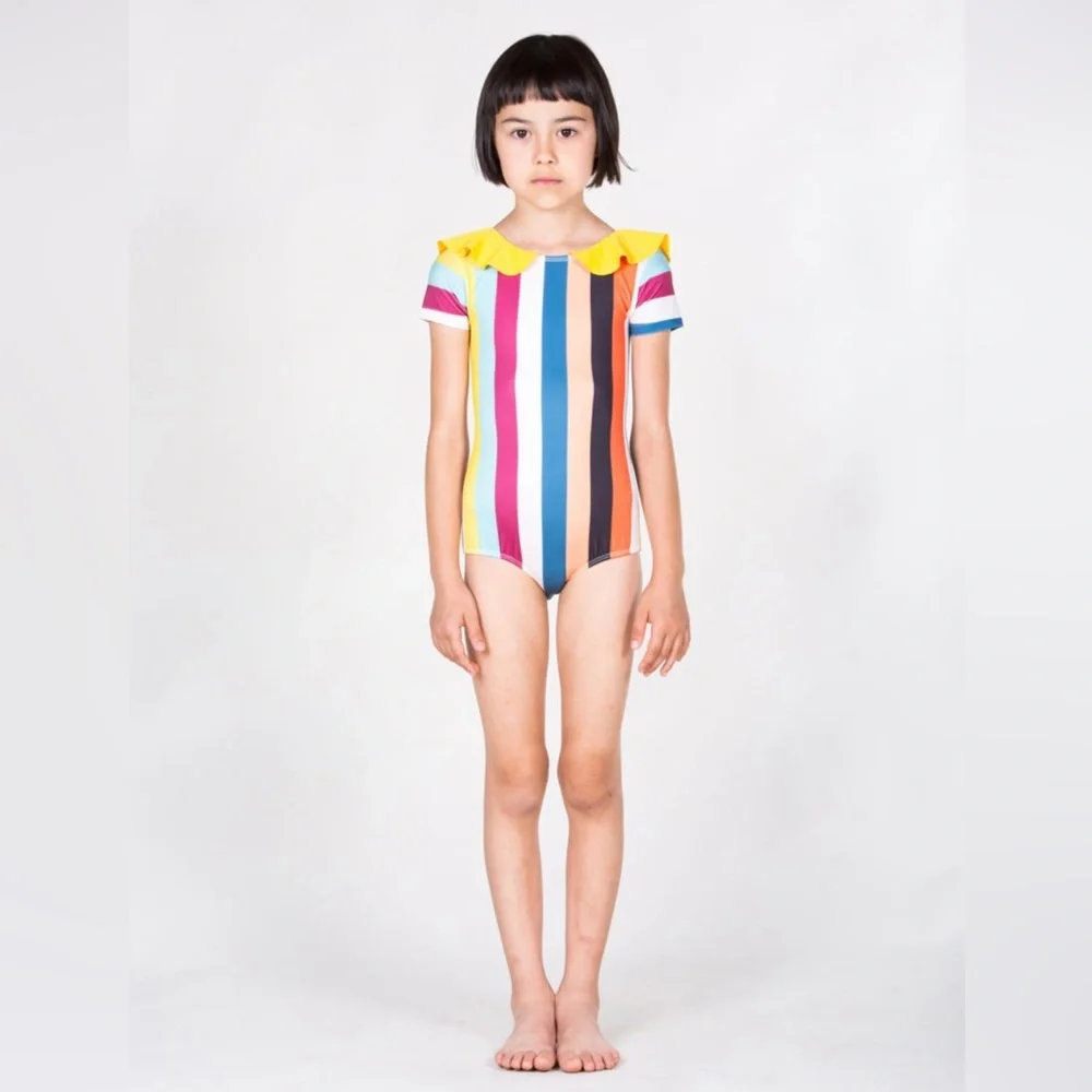 Girls' Multicolor Striped One-Piece Swimsuit with Yellow Peter Pan Collar